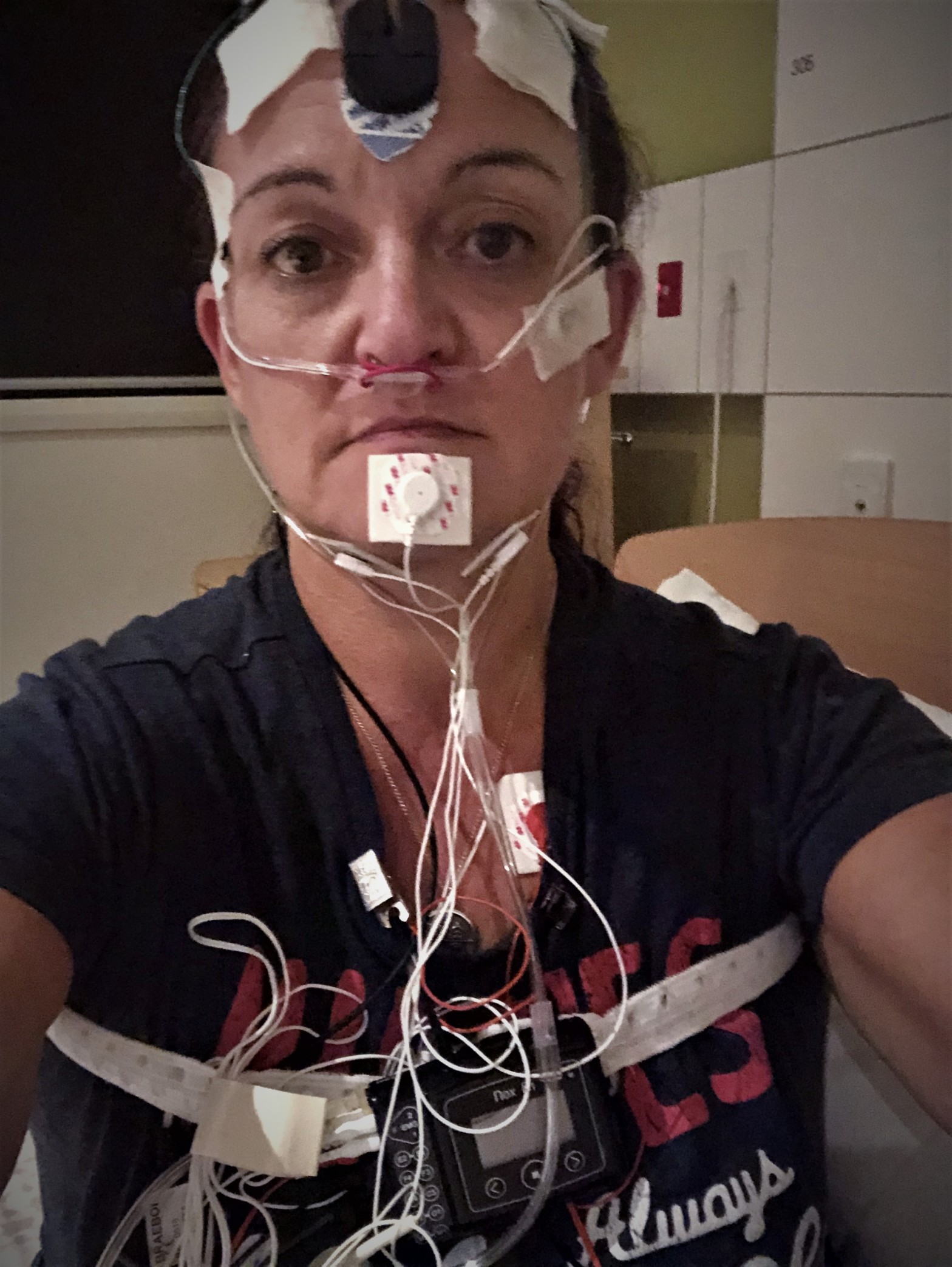 Di Spillane pictured in the sleep laboratory wired up to do the sleep test